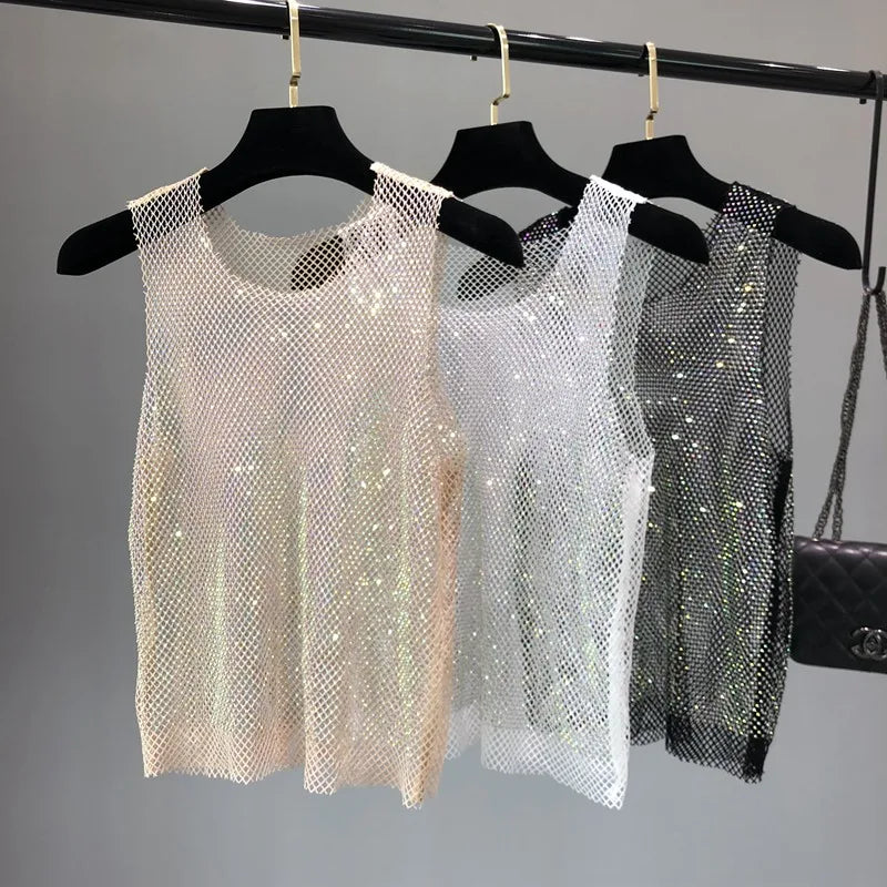 Sexy Strass-Look! Glitzernder Party-Top, Perlen mit Strass-Detail für Damen, Herren