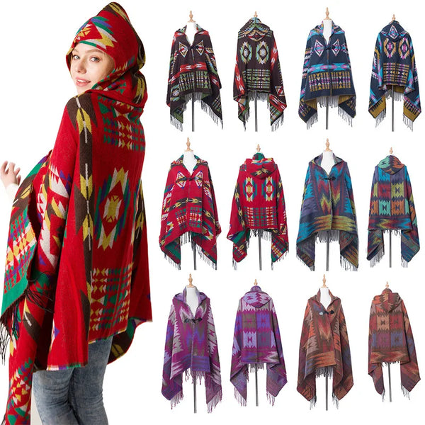 Damen Ethnischer Multifunktions-Böhmen-Schal, Tribal-Fransen-Kapuzenpullover, Umhang, Poncho-Mantel