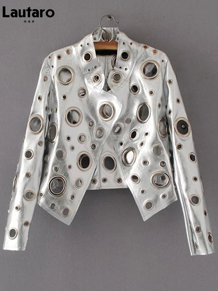 Lautaro Runway Cut Out kurze Kunstlederjacke Golden Rivet Coole stylische Designerjacke
