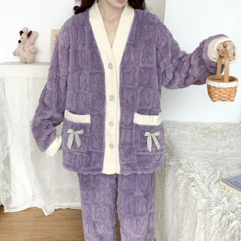 Luxus Winter Pyjama Loungewear aus Plüsch, langarm und bequeme Hose für Damen