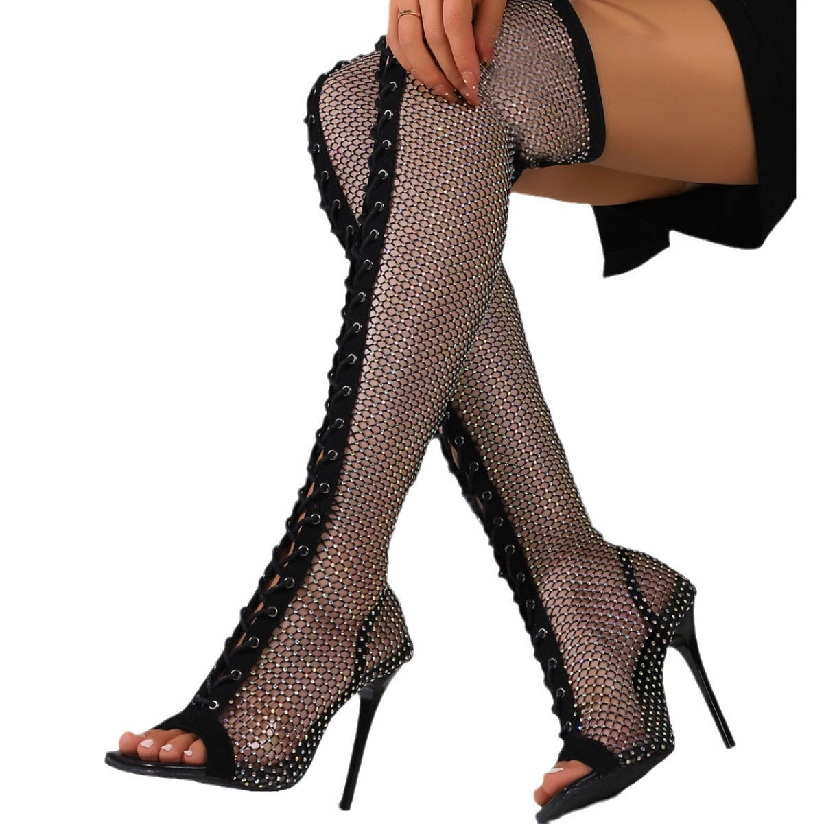 Peep Toe Promi High-Top-Overknee-Schuhe mit Stiletto-Gummisohle und Strass-Mesh