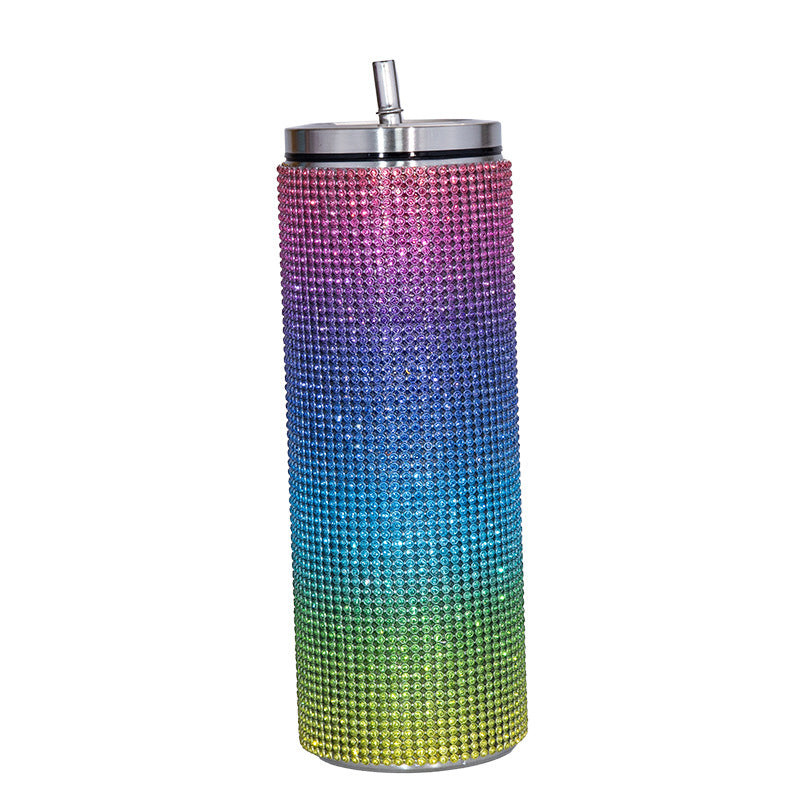 Edelstahl Vakuum Becher mit Strohalm, Strass sparkle 600 ml