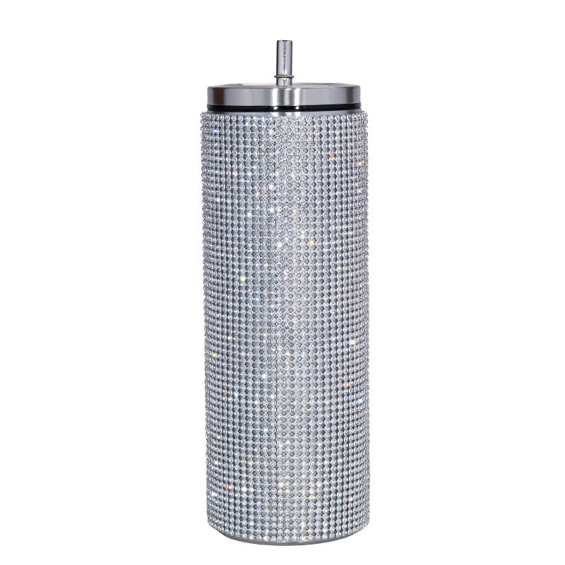 Edelstahl Vakuum Becher mit Strohalm, Strass sparkle 600 ml