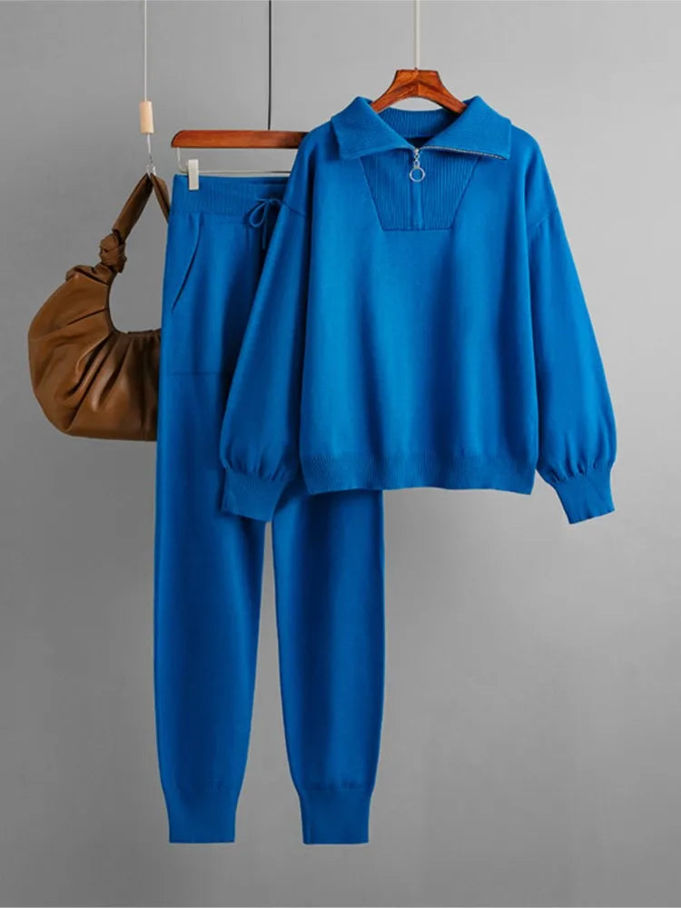 Winter Women Knitted Suit Warm Pants 2 Piece Set Ladies Outfit Pants Oversized