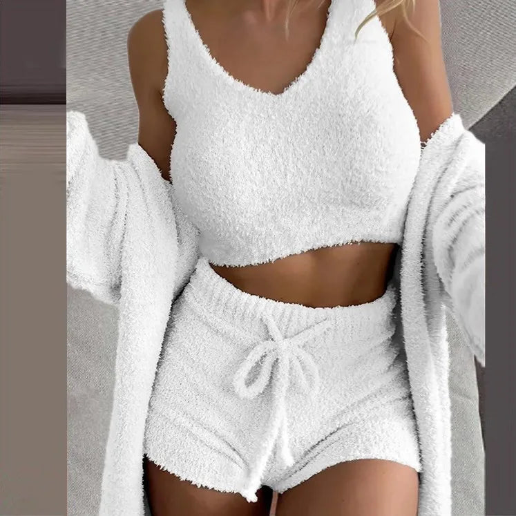 Damen 3 teiliges flauschiges Winter Pyjama-Set Crop Tops und lockere Shorts, Übergröße