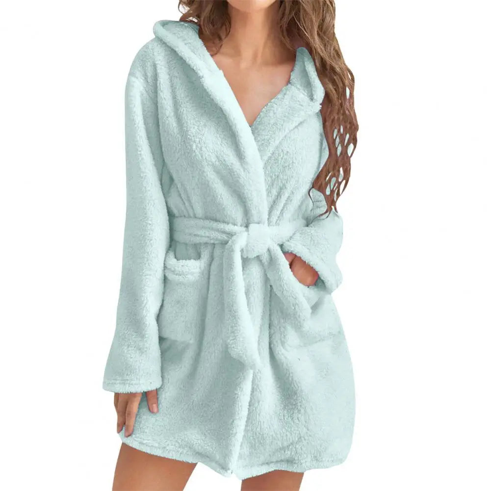 Damen flauschiger Bademantel, lang, warm, mit Kapuze, Flanell-Kimono, Morgenmantel