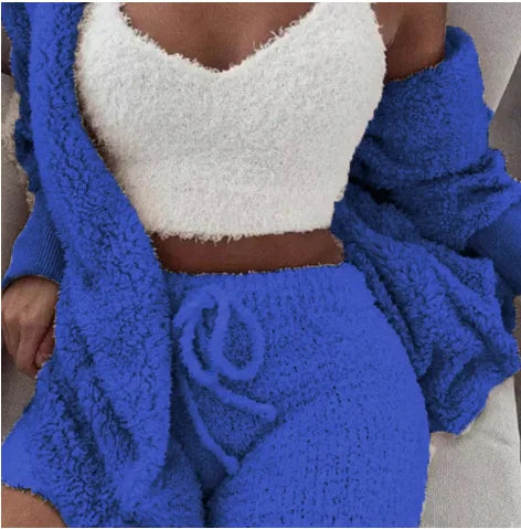 Women's 3 Piece Fluffy Winter Pajama Set Crop Tops and Loose Shorts, Plus Size