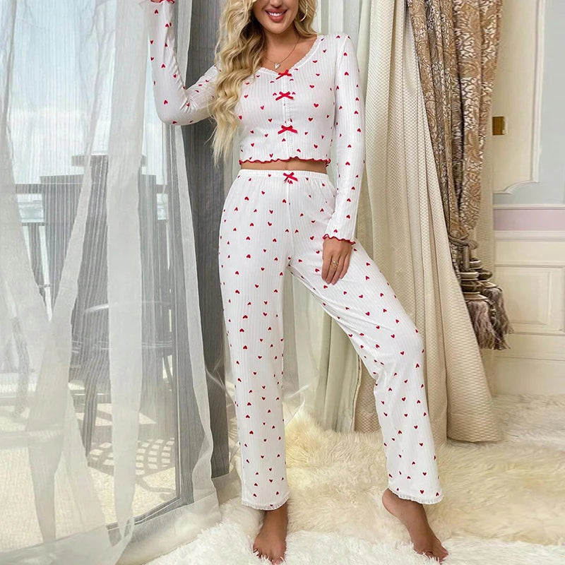 Elegantes weiß geripptes Vintage Pyjama Loungewear Set für Damen