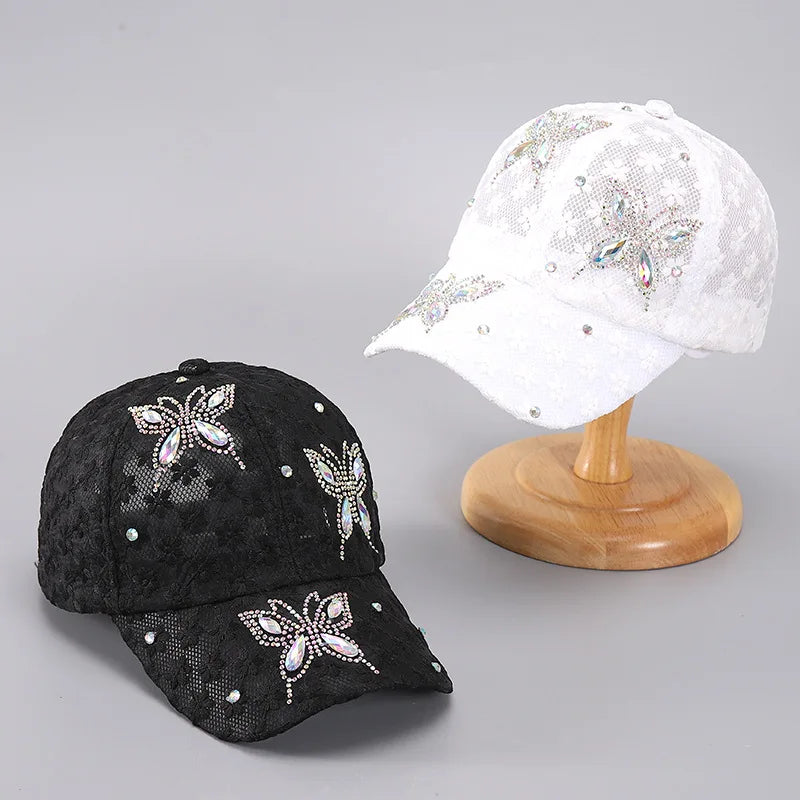 Damen Baseball Caps Spitze Strass Atmungsaktive Mesh Snapback Hut Hip Hop