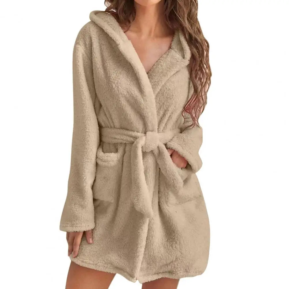 Damen flauschiger Bademantel, lang, warm, mit Kapuze, Flanell-Kimono, Morgenmantel