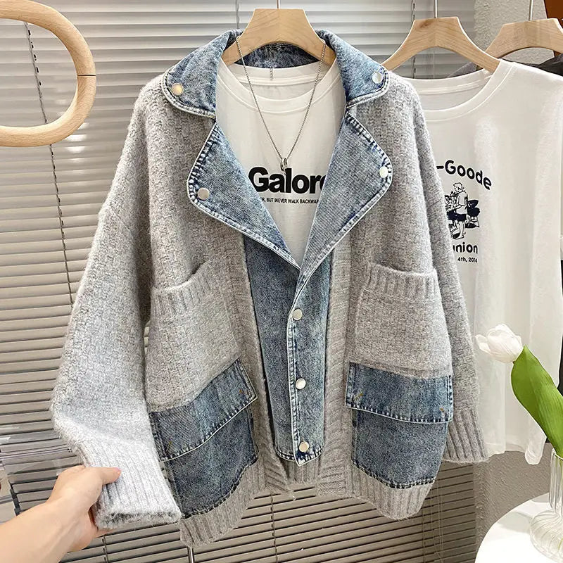 Autumn Winter Women Splicing Denim Women Long Sleeve Jean Jackets Female
