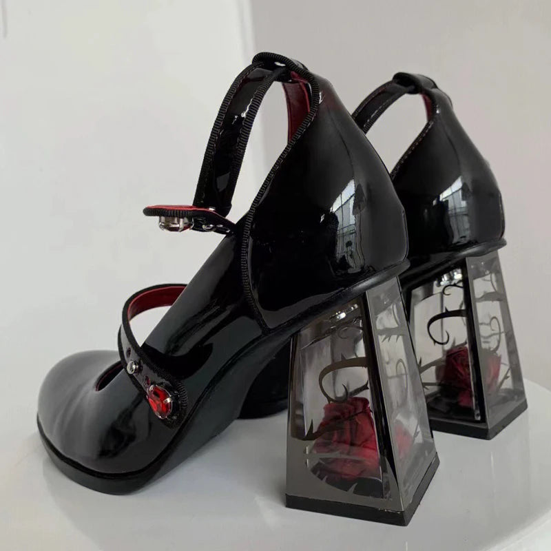 Damen Punk Gothic High Heels Pumps Rose Lackleder Lolita Schuhe