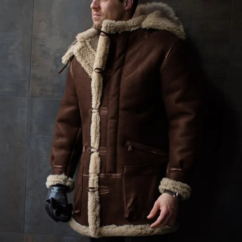 Herren Herbst & Winter Leder Pelz Parka mit integrierter Kapuze Pelzkragen