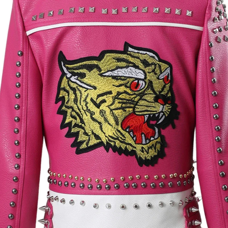 Punk Nieten Lederjacke Damen – Streetwear Trend aus Kunstleder mit Stickerei