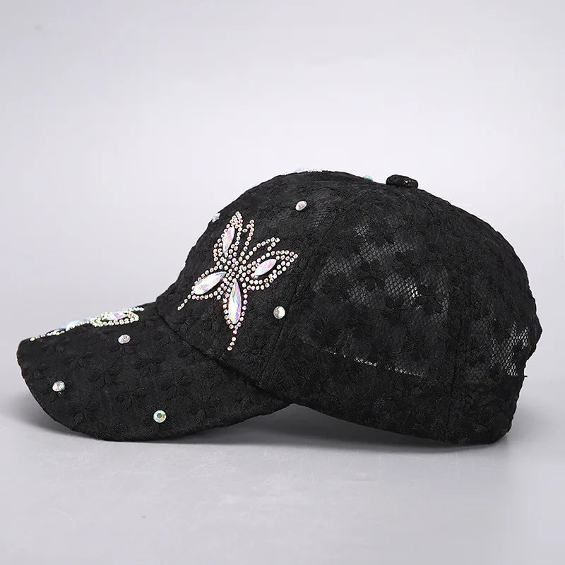 Damen Baseball Caps Spitze Strass Atmungsaktive Mesh Snapback Hut Hip Hop