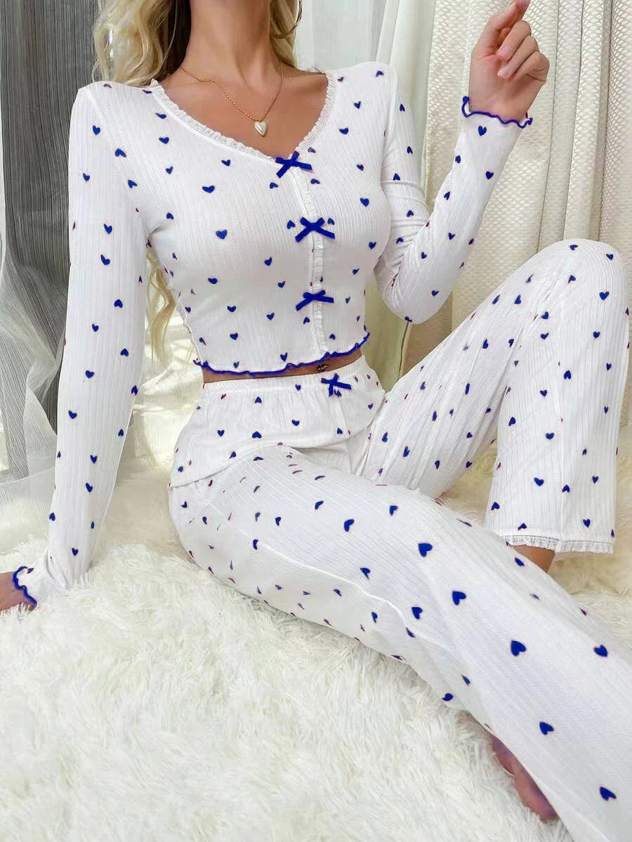Elegantes weiß geripptes Vintage Pyjama Loungewear Set für Damen