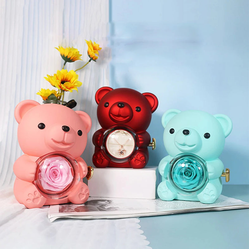 Rotierende Schmuckschatulle mit "ewiger Rose" Bärenmotiv