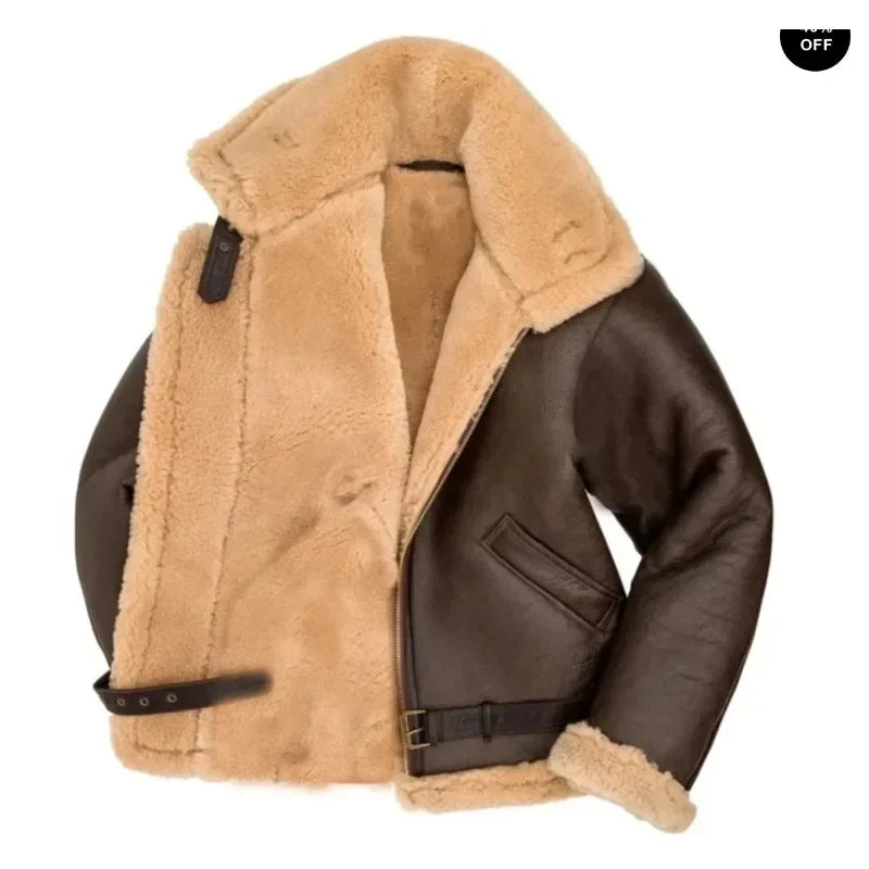 Vintage-Lederjacke für Herren, lässig, mit Reißverschluss, dickes warmes Fell, Piloten-PU-Jacke