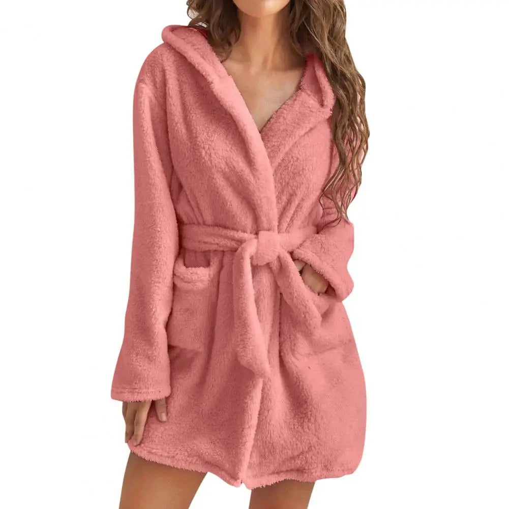 Damen flauschiger Bademantel, lang, warm, mit Kapuze, Flanell-Kimono, Morgenmantel