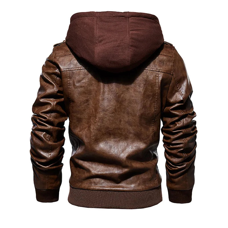 Herren Lederjacke Plüsch Fleece Kapuzen Jacke