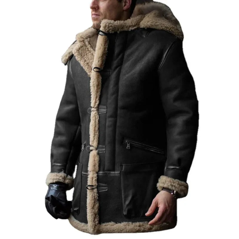 Herren Herbst & Winter Leder Pelz Parka mit integrierter Kapuze Pelzkragen