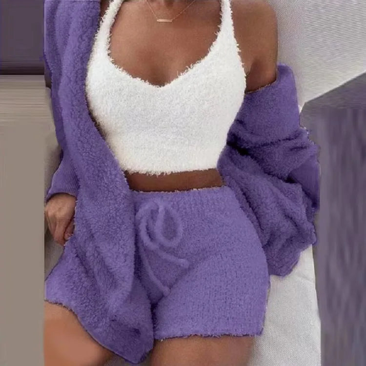 Women's 3 Piece Fluffy Winter Pajama Set Crop Tops and Loose Shorts, Plus Size