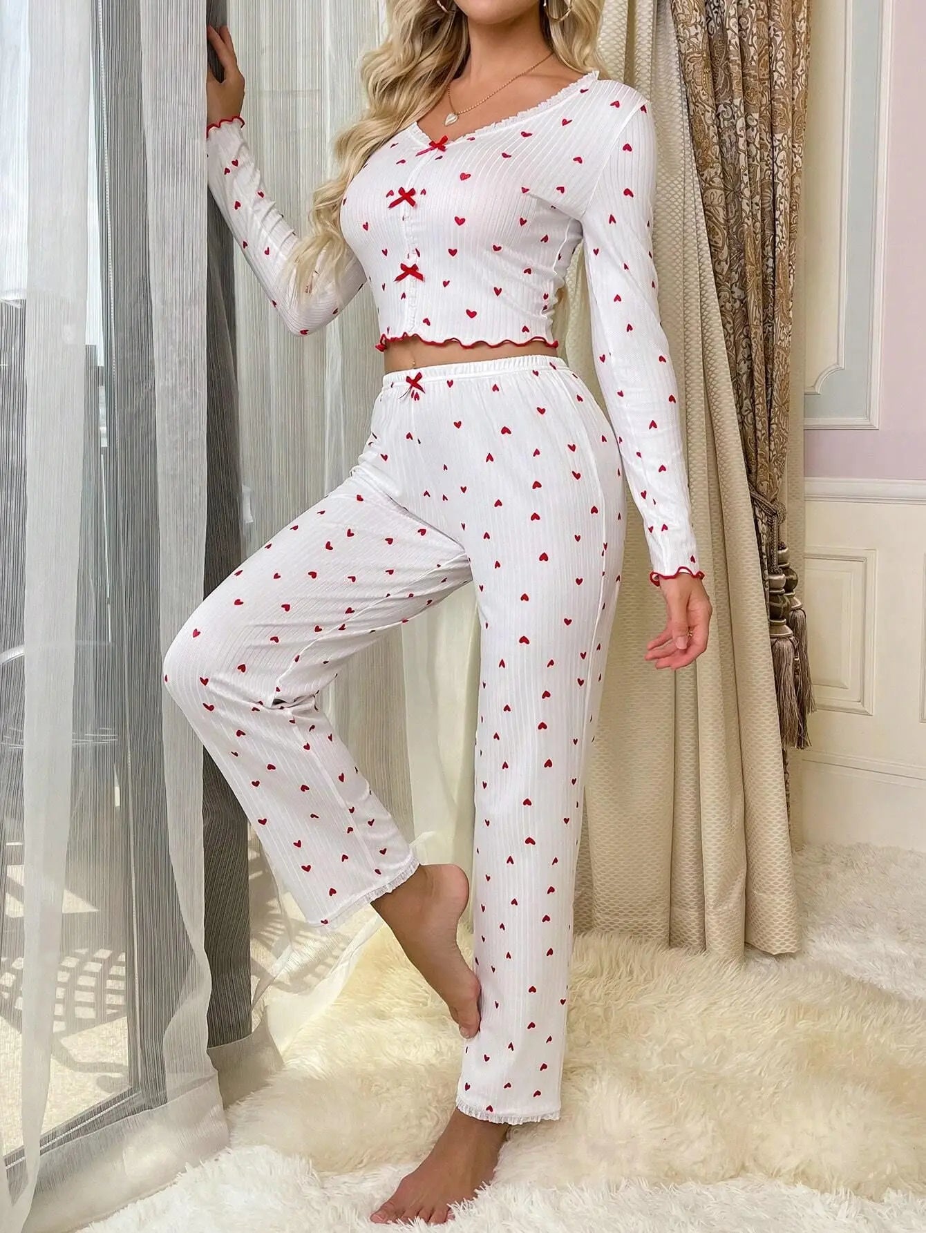 Elegantes weiß geripptes Vintage Pyjama Loungewear Set für Damen