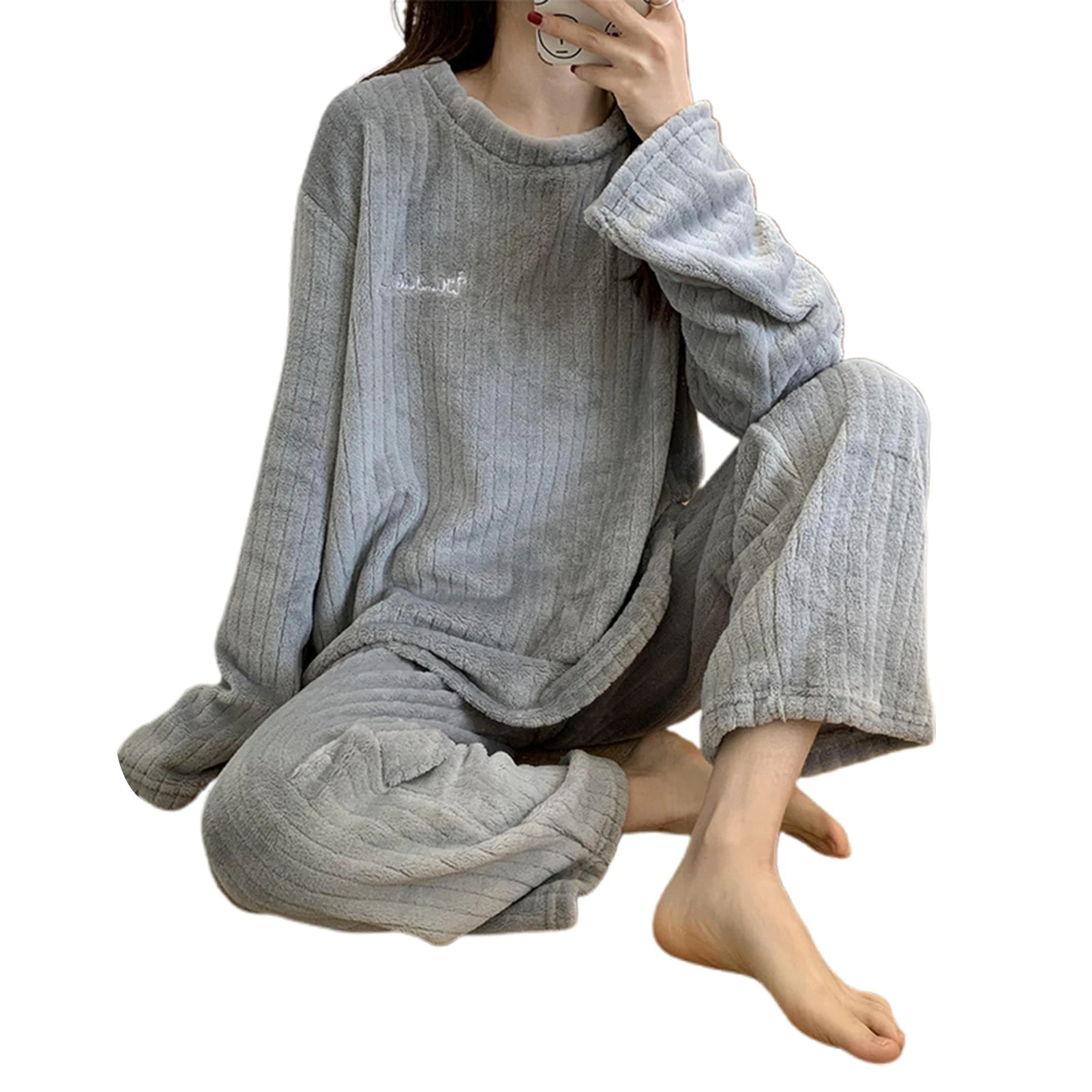 Weibliches Samt Pyjama Set Fleece Hosenanzug Nachtwäsche Loungewear