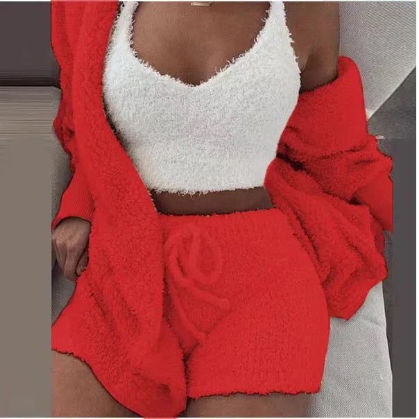 Women's 3 Piece Fluffy Winter Pajama Set Crop Tops and Loose Shorts, Plus Size