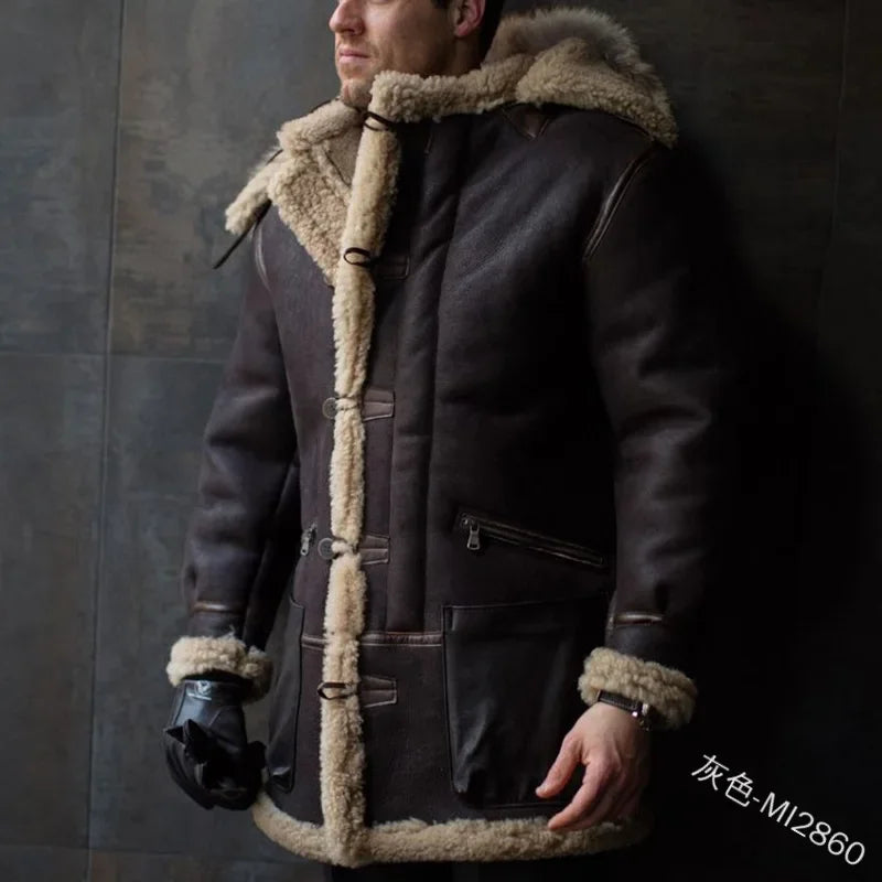 Herren Herbst & Winter Leder Pelz Parka mit integrierter Kapuze Pelzkragen