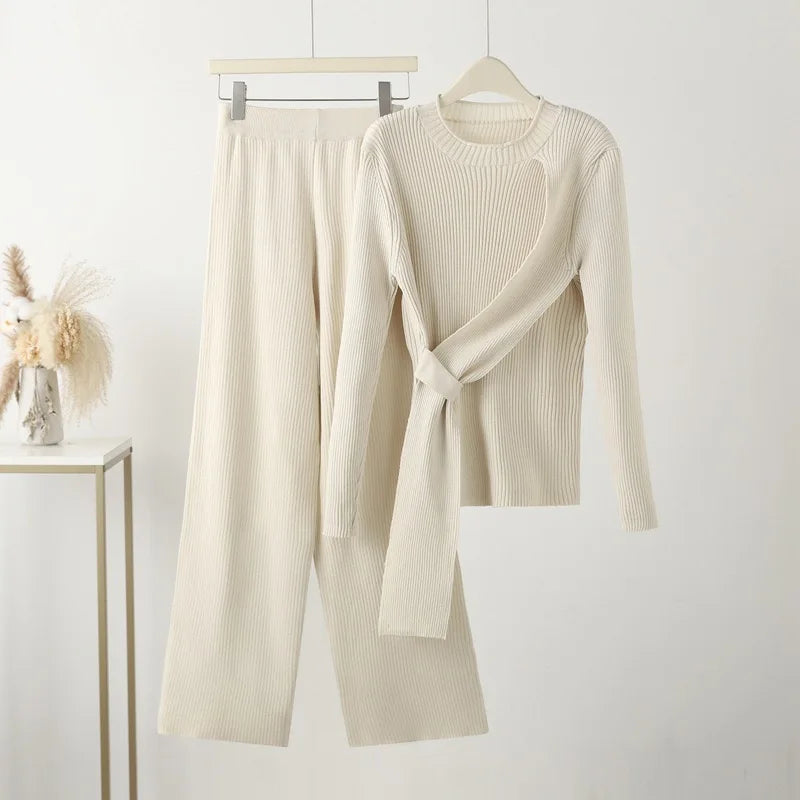 Damen gestricktes Conjuntos 2-teiliges Set, langärmlige Pullover, Hose mit hoher Taille und weiten Beinen