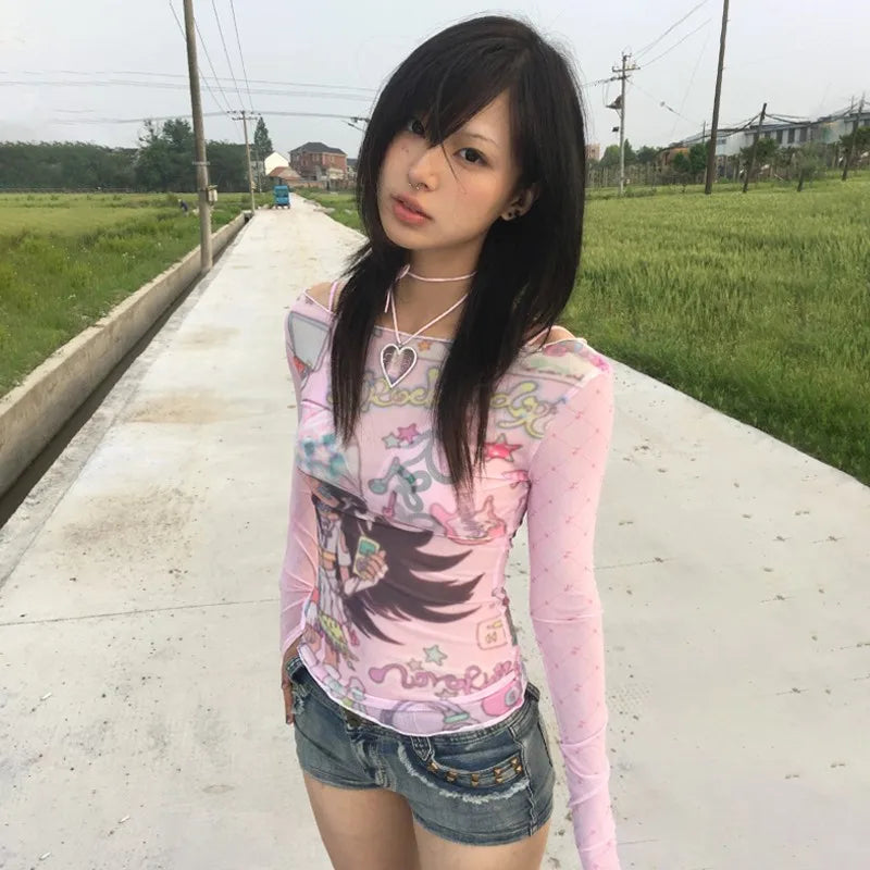 Anime Print Mesh Top durchsichtiges Shirt