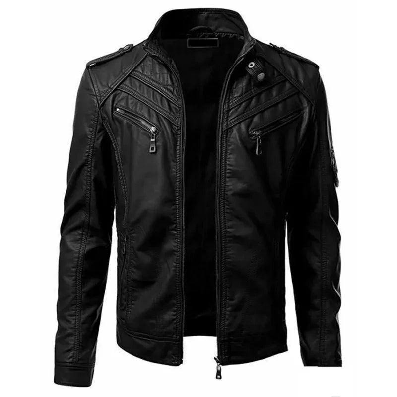 Herren Kunstleder Casual High-End-Mode Jacke mit Stehkragen