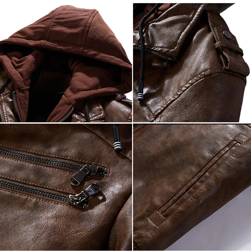 Herren Lederjacke Plüsch Fleece Kapuzen Jacke
