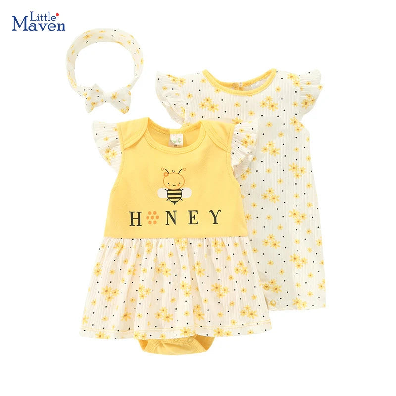 Little Maven Baby Mädchen Strampler Set 3-teilig Sommer Cartoon Blumen Bienen