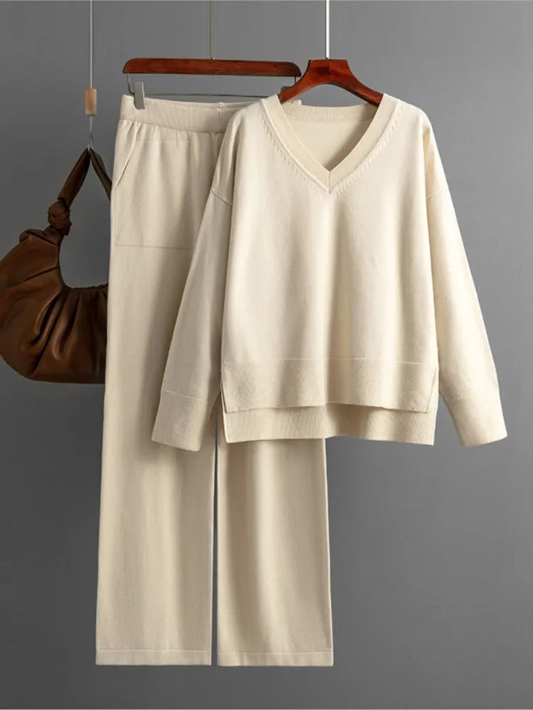 Winter Women Knitted Suit Warm Pants 2 Piece Set Ladies Outfit Pants Oversized