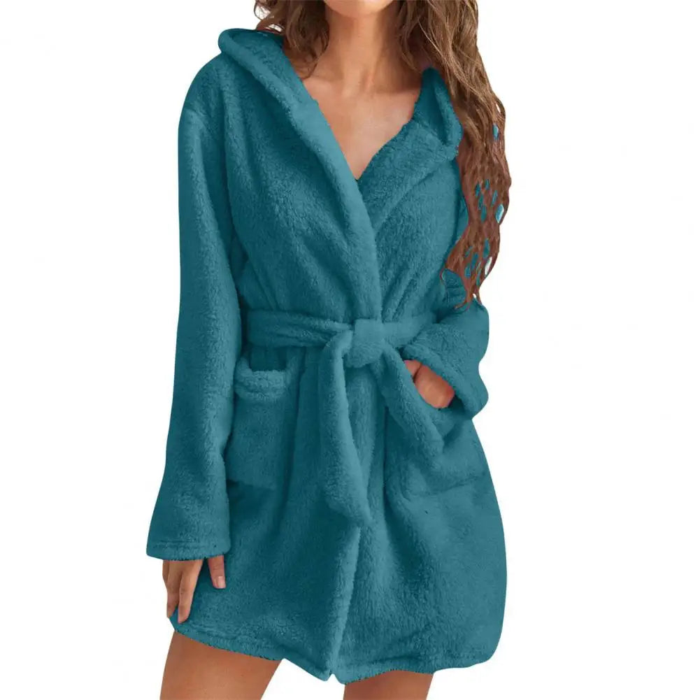 Damen flauschiger Bademantel, lang, warm, mit Kapuze, Flanell-Kimono, Morgenmantel