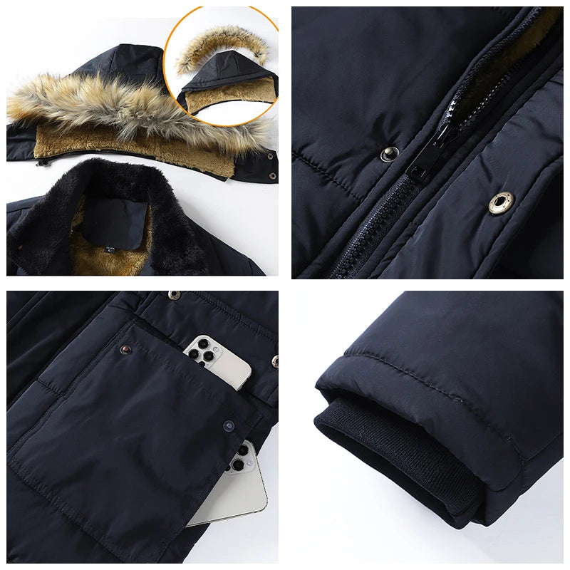 Klassische Casual Winter Fleece Parka Jacke für Herren, Winddicht und Kapuze