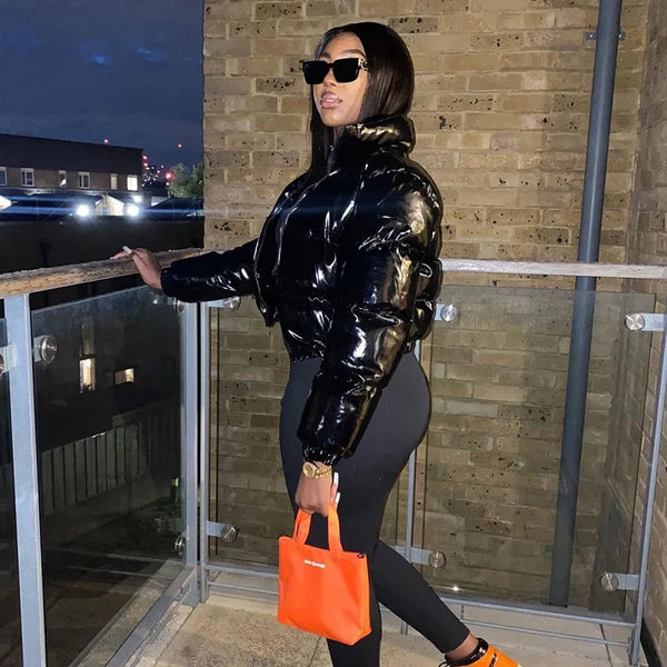 High Street Style Damen PU-Ledermantel Warm Puffärmel Revers Reißverschluss