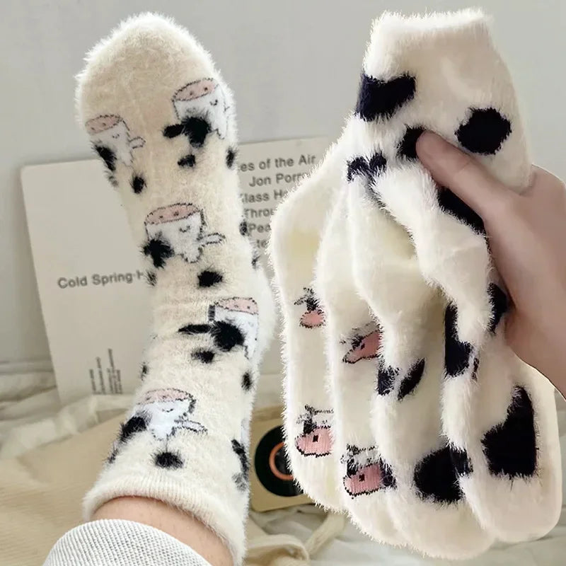 Damen Cartoon Nette Kuh Nerz Winter Fleece Plüsch Socken