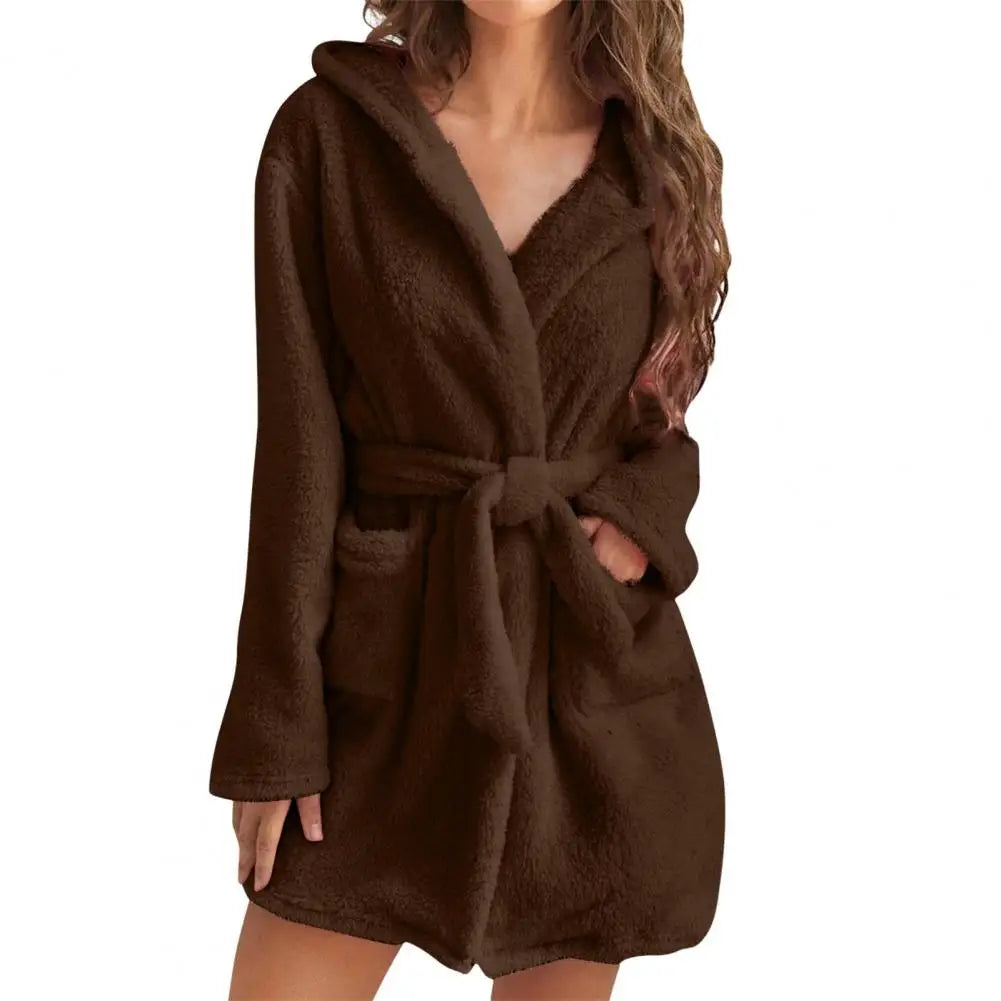Damen flauschiger Bademantel, lang, warm, mit Kapuze, Flanell-Kimono, Morgenmantel