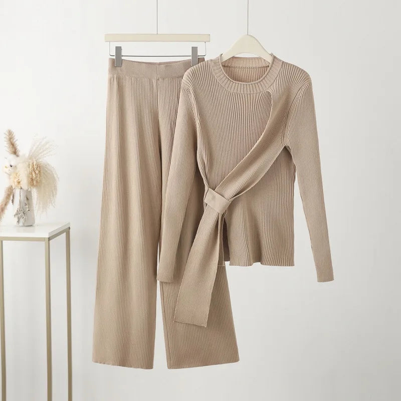 Damen gestricktes Conjuntos 2-teiliges Set, langärmlige Pullover, Hose mit hoher Taille und weiten Beinen