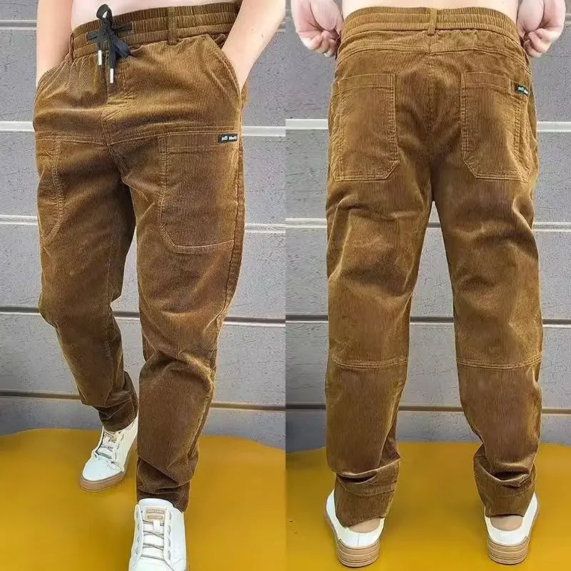 Men's corduroy cargo pants, simple, loose, American, retro, casual, elastic