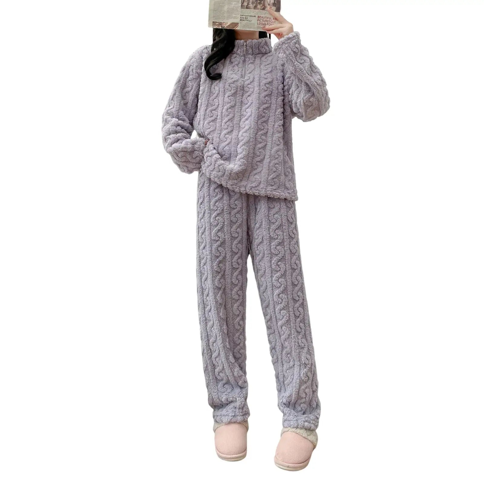 Weibliches Samt Pyjama Set Fleece Hosenanzug Nachtwäsche Loungewear