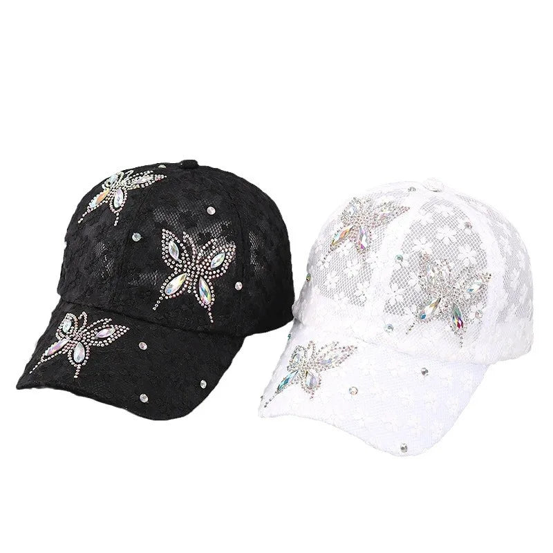 Damen Baseball Caps Spitze Strass Atmungsaktive Mesh Snapback Hut Hip Hop