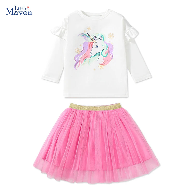 Little Maven Baby Mädchen Prinzessin Einhorn T-Shirts Top + Mesh Rock Set