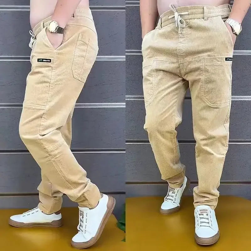Men's corduroy cargo pants, simple, loose, American, retro, casual, elastic