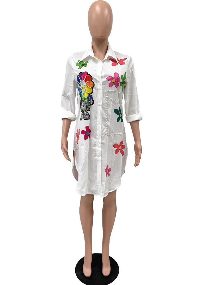 Damen Perlenbesetzte Hemdkragen Bluse Top Blumen Stickerei