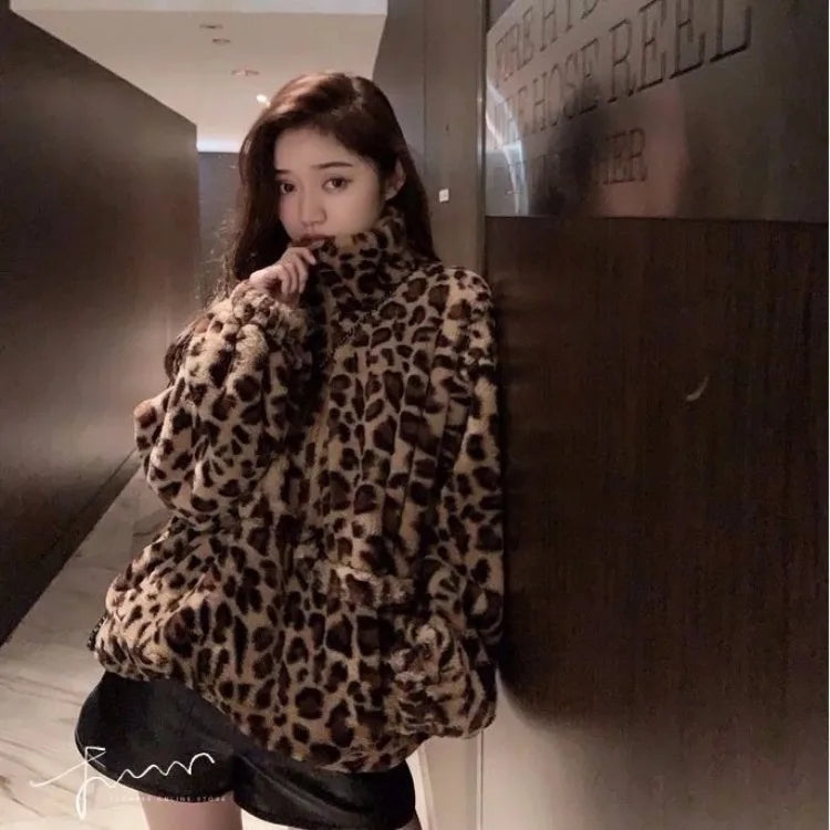 Damen Leoparden Print lockere Kunstpelz Jacke