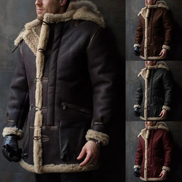 Herren Herbst & Winter Leder Pelz Parka mit integrierter Kapuze Pelzkragen